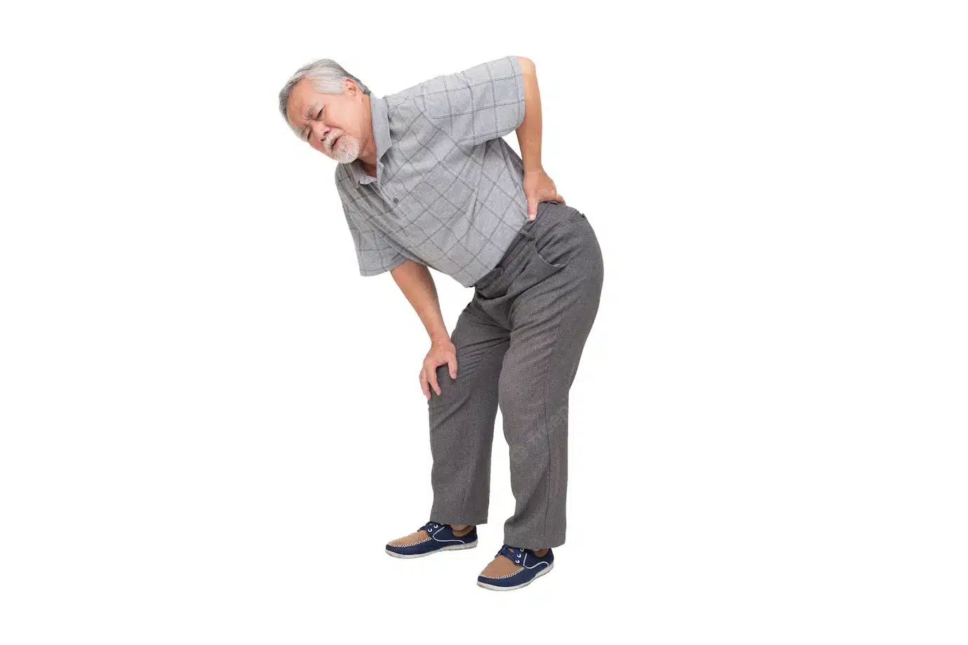 asian mature man feels back pain isolated white wall sad senior older man suffers from sciatica